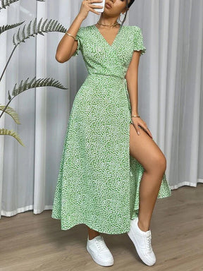 Vestido Feminino Estampado com Decote V e Fenda Woman - Tanzille