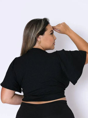 Cropped Manga Flare Canelado Moda Plus Size - Tanzille