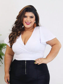 Cropped Manga Flare Canelado Moda Plus Size - Tanzille