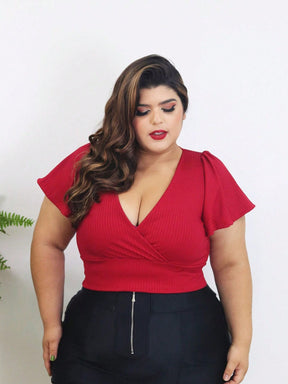 Cropped Manga Flare Canelado Moda Plus Size - Tanzille