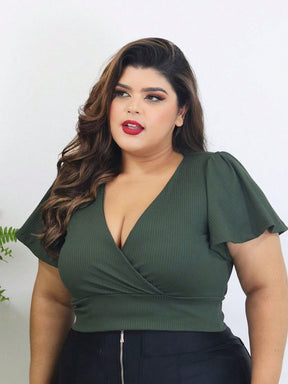 Cropped Manga Flare Canelado Moda Plus Size - Tanzille