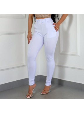 Calça Feminina Skinny Malha Crepe com Cinto Forrado Cintura Alta - Tanzille