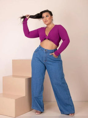 Calça Jeans Feminino Plus Size Pantalona Lisa Élegance - Tanzille